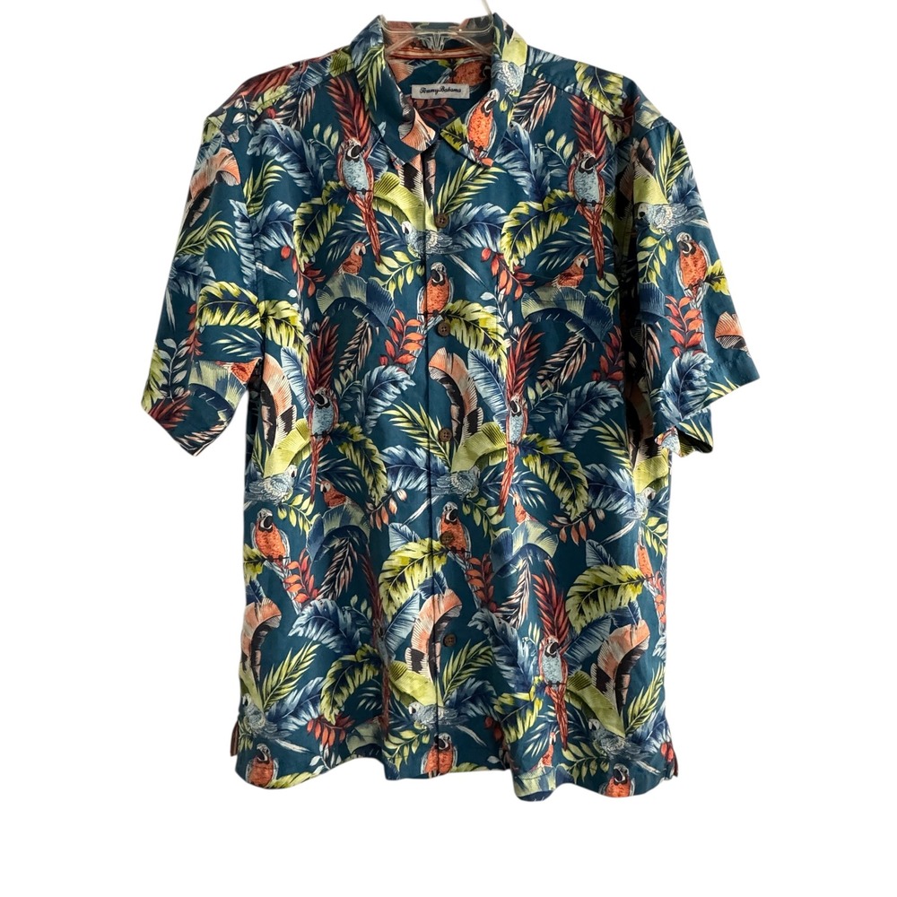 Tommy Bahama Mens Large Silk Blend Aloha Hawaiian Shirt Parrot Tropical‎